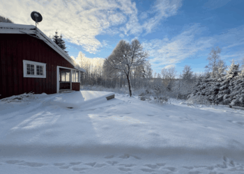 Winterwetter mit dickem Schnee und blauem Himmel